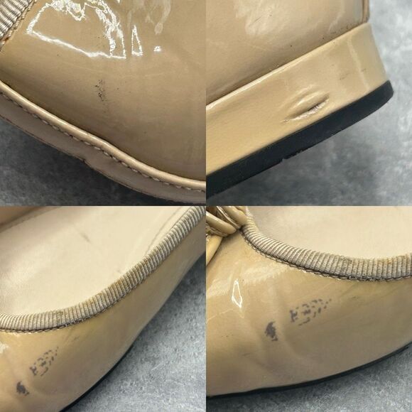 Prada Beige Black Leather Ballet Flats Slip On Size 39.5 Bow Accent Cap Toe - Picture 12 of 13